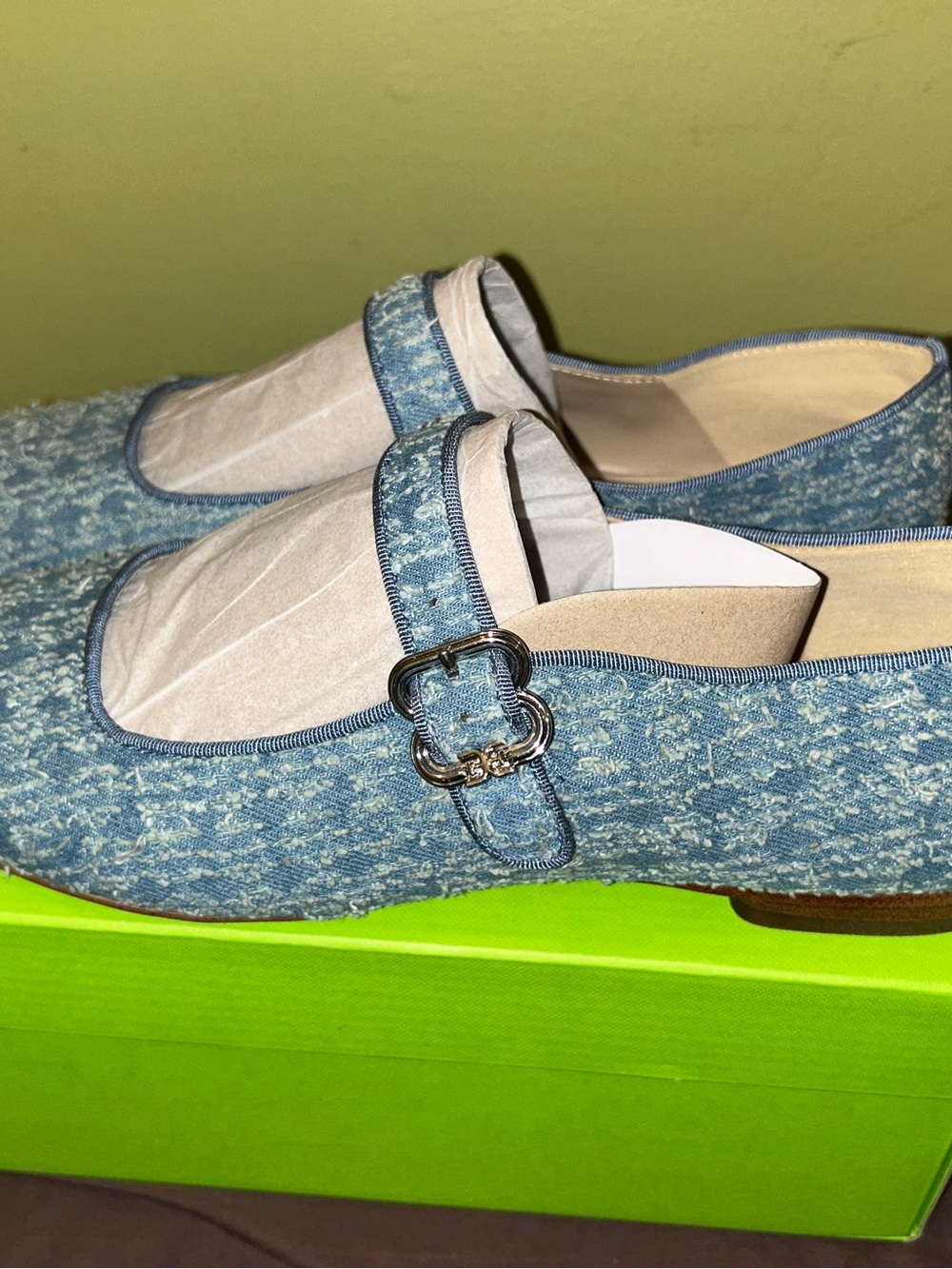 Sam Edelman Blue Tweed Loafers with Silver Buckle
